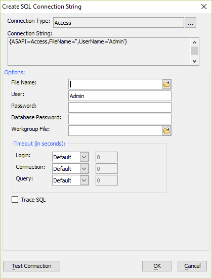 The Create SQL Connection String dialog.